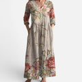 Maxi Dress Floral V Neck Three Quarter Sleeve