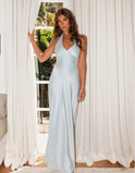 Women's Christmas Dress – Satin, Halter V-Neck, Maxi