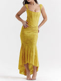 Women's Maxi Dress – Corset Jacquard, Ruched Waist, Boning