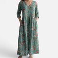 Maxi Dress Floral V Neck Three Quarter Sleeve