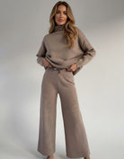 Ribbed Knit Wide Leg Set with Roll Neck for Women 0
