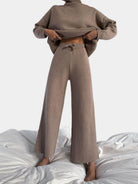 Ribbed Knit Wide Leg Set with Roll Neck for Women 1