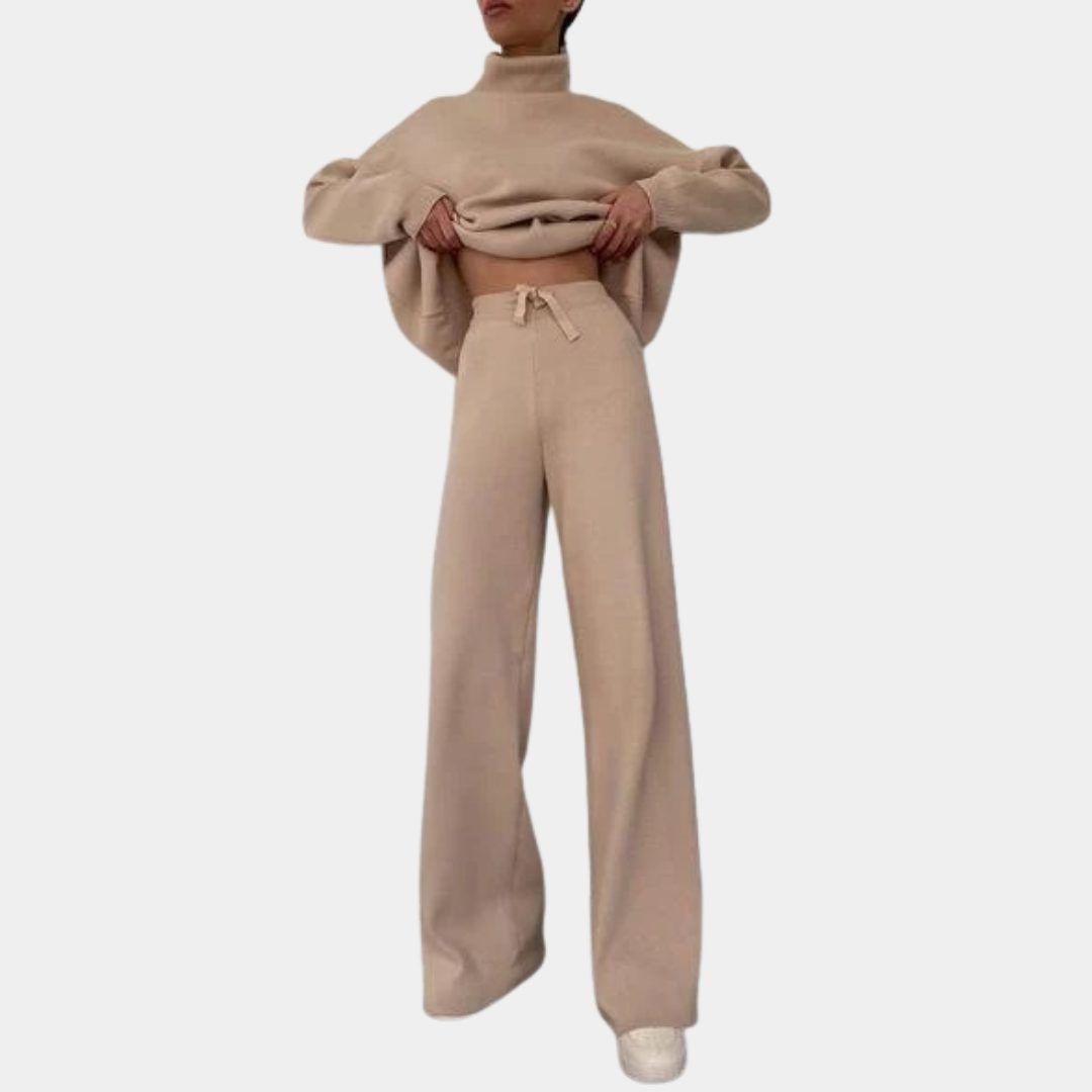 Ribbed Knit Wide Leg Set with Roll Neck for Women 5