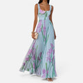 Pleated Floral Maxi Dress Square Neck Sleeveless