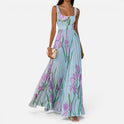 Pleated Floral Maxi Dress Square Neck Sleeveless