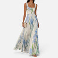 Pleated Floral Maxi Dress Square Neck Sleeveless