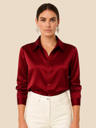 Satin Button-Down Shirt with Pointed Collar for Women 0