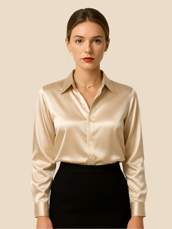 Satin Button-Down Shirt with Pointed Collar for Women 10
