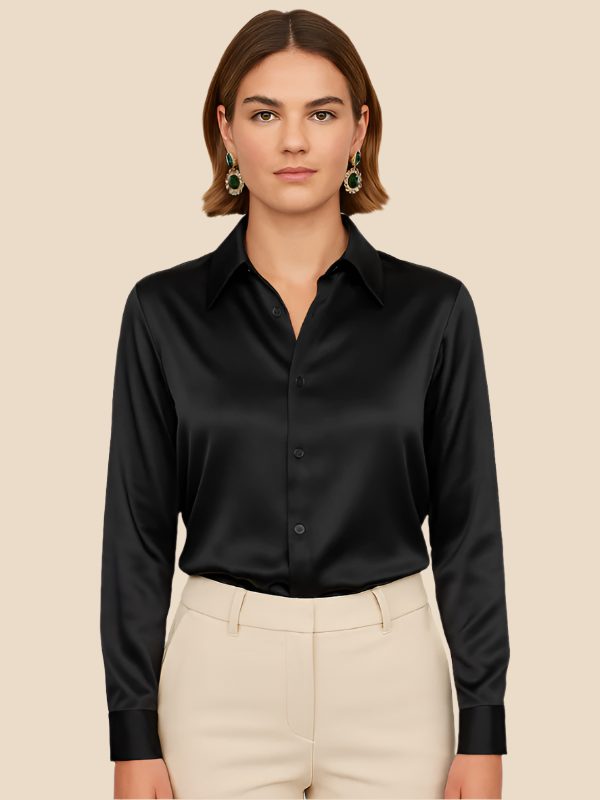Satin Button-Down Shirt with Pointed Collar for Women 11