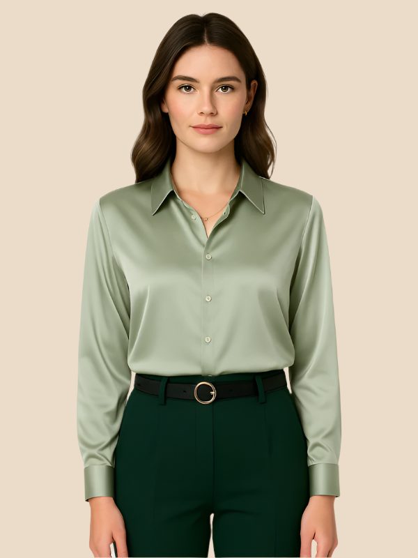 Satin Button-Down Shirt with Pointed Collar for Women 12
