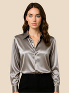 Satin Button-Down Shirt with Pointed Collar for Women 13