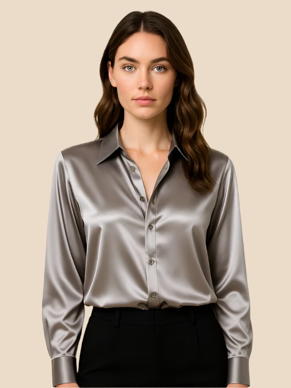 Satin Button-Down Shirt with Pointed Collar for Women 13
