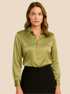 Satin Button-Down Shirt with Pointed Collar for Women 14