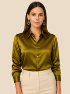 Satin Button-Down Shirt with Pointed Collar for Women 15