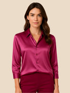 Satin Button-Down Shirt with Pointed Collar for Women 16