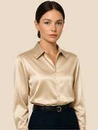 Satin Button-Down Shirt with Pointed Collar for Women 17