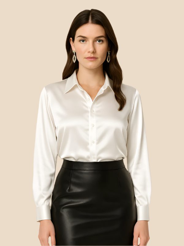 Satin Button-Down Shirt with Pointed Collar for Women 18