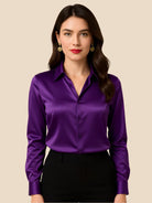 Satin Button-Down Shirt with Pointed Collar for Women 19