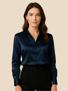 Satin Button-Down Shirt with Pointed Collar for Women 3