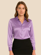 Satin Button-Down Shirt with Pointed Collar for Women 9