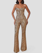 Sequin Flare Jumpsuit with Chain Straps and Belted Waist 0