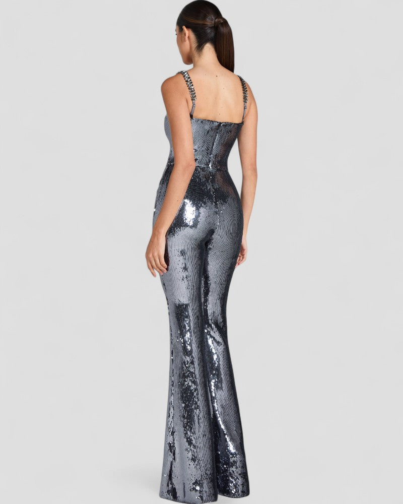 Sequin Flare Jumpsuit with Chain Straps and Belted Waist 3