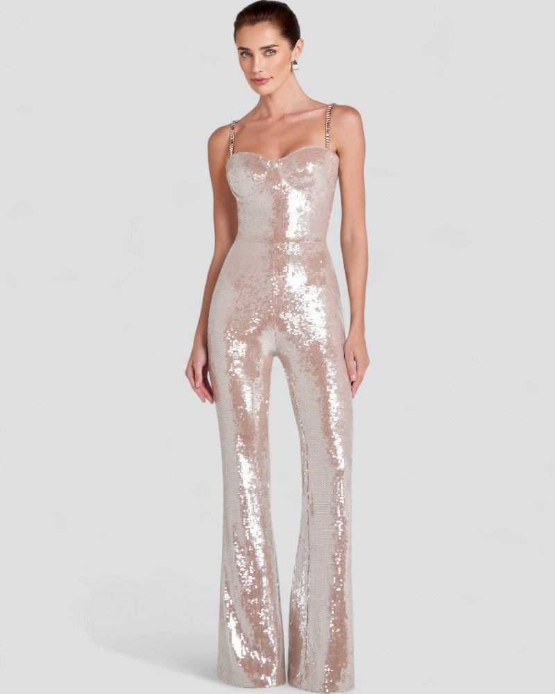 Sequin Flare Jumpsuit with Chain Straps and Belted Waist 5