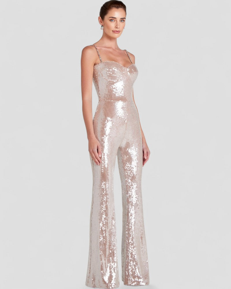 Sequin Flare Jumpsuit with Chain Straps and Belted Waist 6