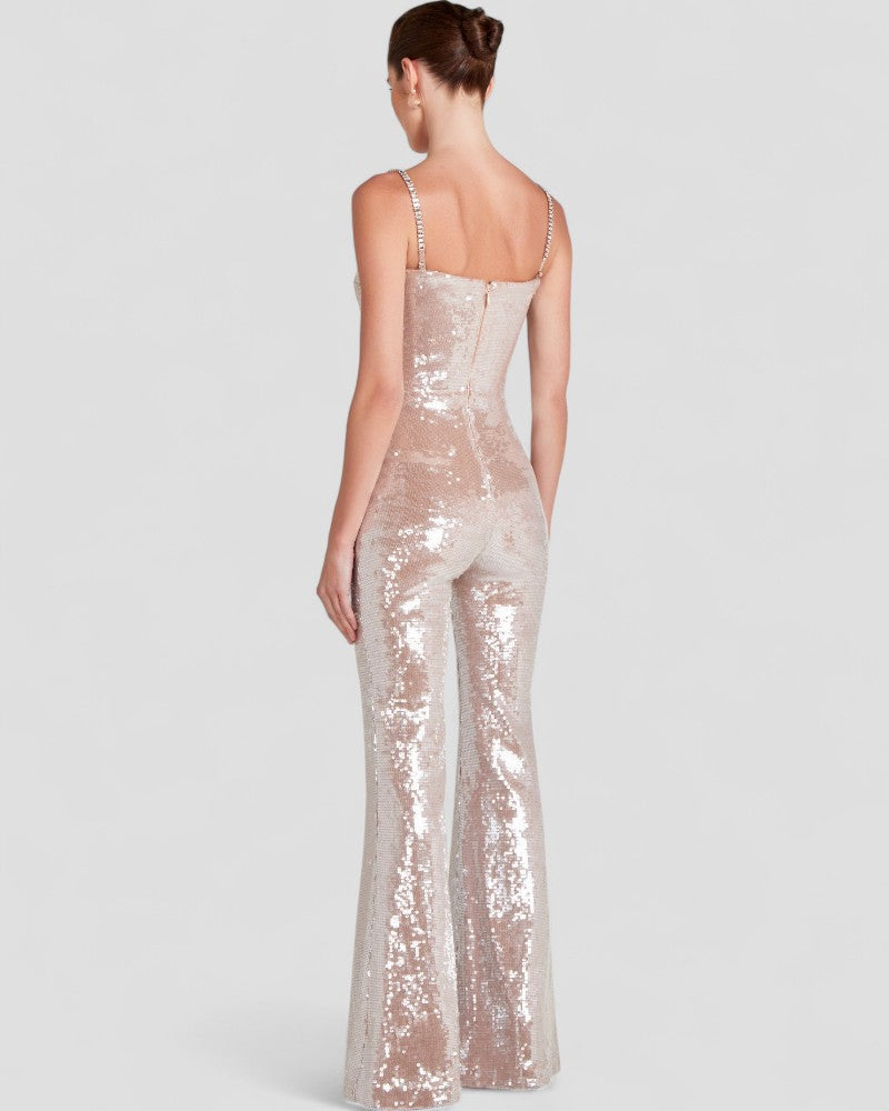 Sequin Flare Jumpsuit with Chain Straps and Belted Waist 7