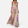 Pleated Floral Maxi Dress Square Neck Sleeveless