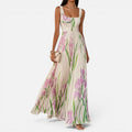 Pleated Floral Maxi Dress Square Neck Sleeveless