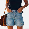 Denim Shorts Rolled Hem Distressed Cotton Blend