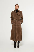 Suede Double-Breasted Trench Coat with Belt for Women 0
