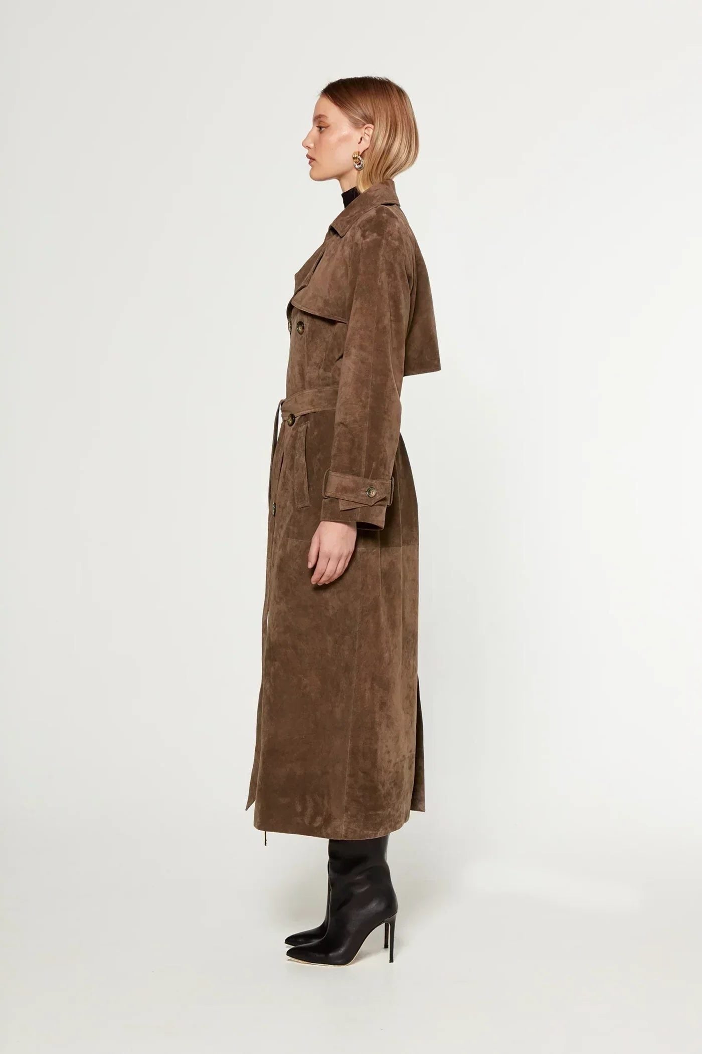 Suede Double-Breasted Trench Coat with Belt for Women 1