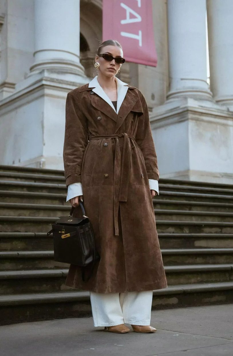 Suede Double-Breasted Trench Coat with Belt for Women 5