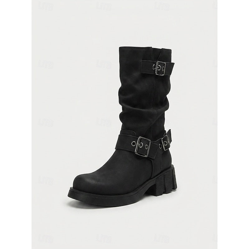 Sylvia | Buckle-Detail Mid-Calf Biker Boots 10