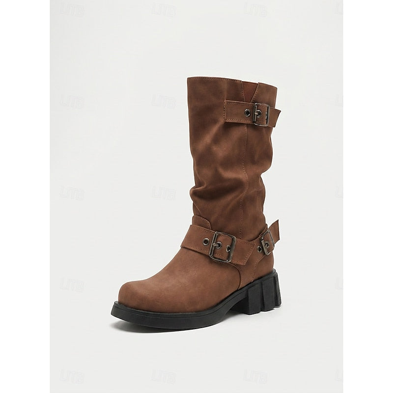 Sylvia | Buckle-Detail Mid-Calf Biker Boots 9