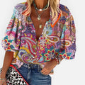Blouse V Neck Button Front Paisley Long Sleeve