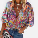 Blouse V Neck Button Front Paisley Long Sleeve