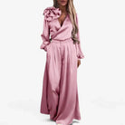 Wide Leg Two-Piece Silk Set with V-Neck for Women 0