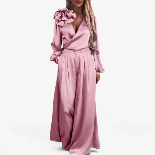 Wide Leg Two-Piece Silk Set with V-Neck for Women 0