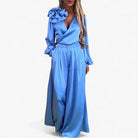 Wide Leg Two-Piece Silk Set with V-Neck for Women 1