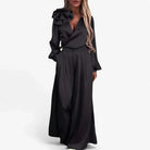 Wide Leg Two-Piece Silk Set with V-Neck for Women 2
