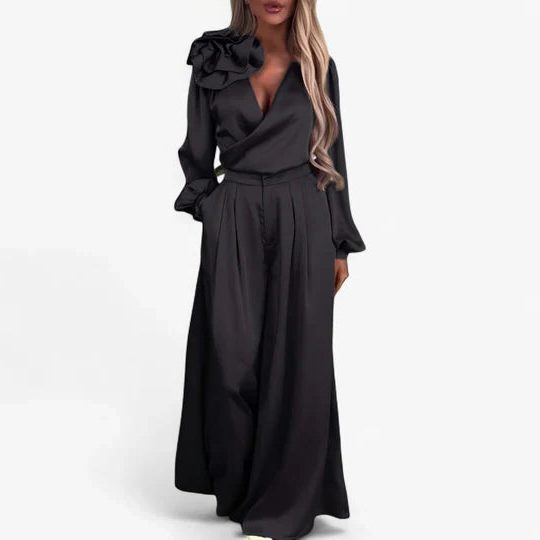 Wide Leg Two-Piece Silk Set with V-Neck for Women 2