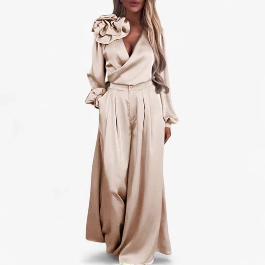 Wide Leg Two-Piece Silk Set with V-Neck for Women 3