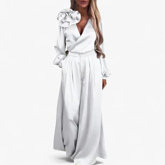 Wide Leg Two-Piece Silk Set with V-Neck for Women 4
