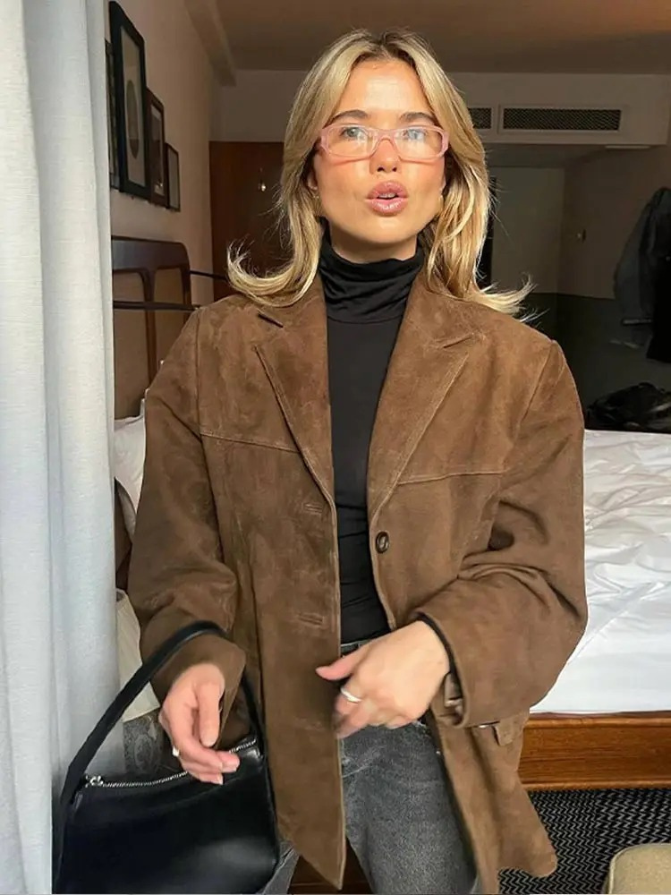 Women's Elegant Oversized Brown Suede Blazer Jacket – Comfort 0