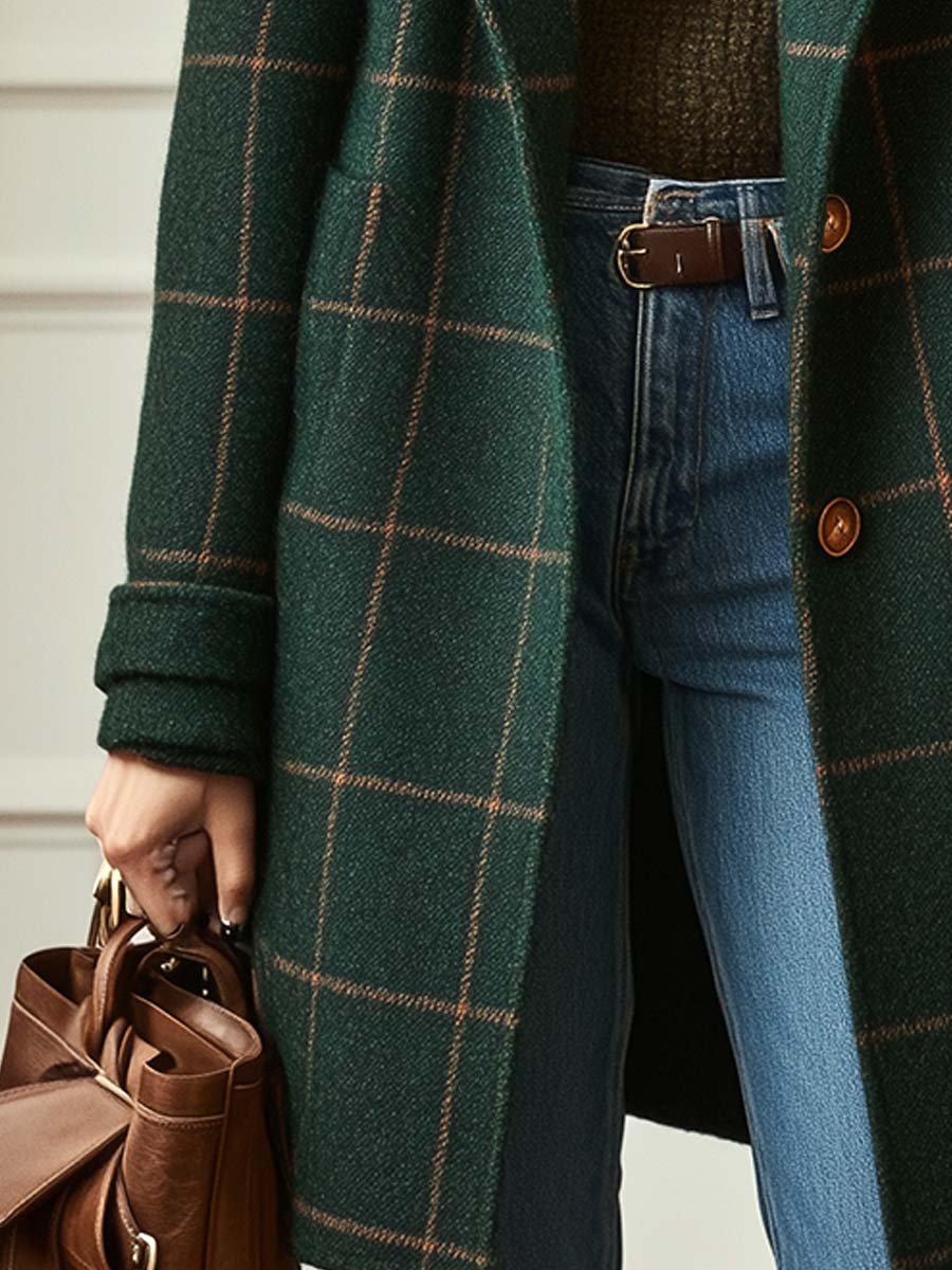 Women's Retro Lapel Plaid Tweed Coat 2