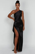 Women's Christmas Dress – Satin, One-Shoulder, Maxi