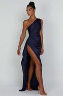 Women's Christmas Dress – Satin, One-Shoulder, Maxi